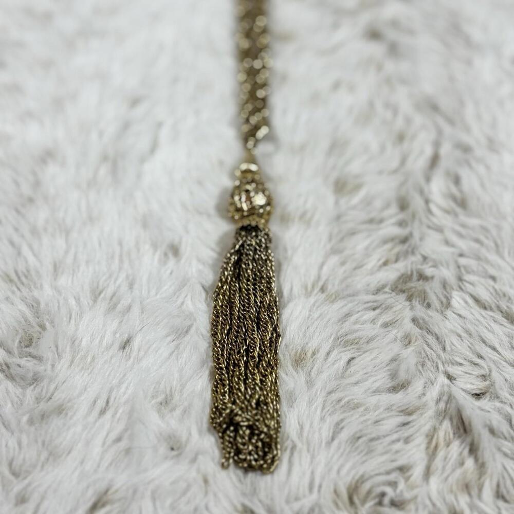 Vintage Gold Tone Long Tassel Necklace Boho Filigree Chain 1960s 1970s - Picture 2 of 3